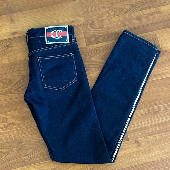 JustCavalli dark blue denim pants with round flat gold studs on the side Size 27 - Picture 3 of 15